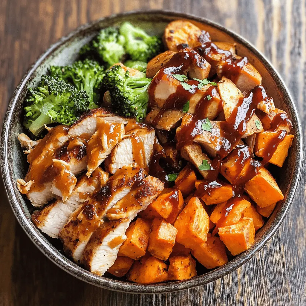 Get ready for a tasty meal with these BBQ Chicken and Roasted Sweet Potato Bowls! Juicy chicken smothered in tangy BBQ sauce, paired with perfectly roasted sweet potatoes, make for a deliciously satisfying dish. Perfect for meal prep or a cozy dinner. Save this recipe now to enjoy a quick and flavorful weeknight meal!