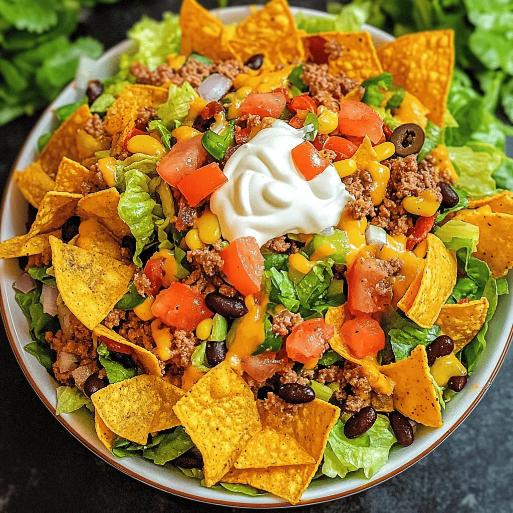 This Doritos Taco Salad combines crunchy chips with fresh veggies for a deliciously easy meal! Packed with seasoned ground beef, cheese, and zesty dressing, it's perfect for parties or a casual dinner at home. Save this recipe for your next gathering and bring a fun twist to your table!