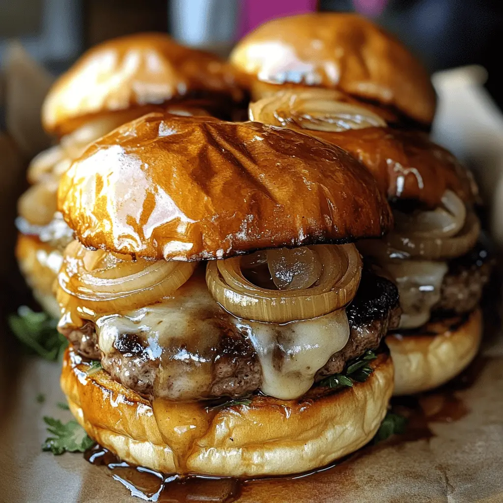 Juicy burgers topped with rich, caramelized onions and melted cheese create the perfect comfort food! These French Onion Burgers bring the classic flavors of French onion soup to your grill. Perfect for summer barbecues or family dinners, save this tasty recipe to impress your guests with a hearty meal they'll love!