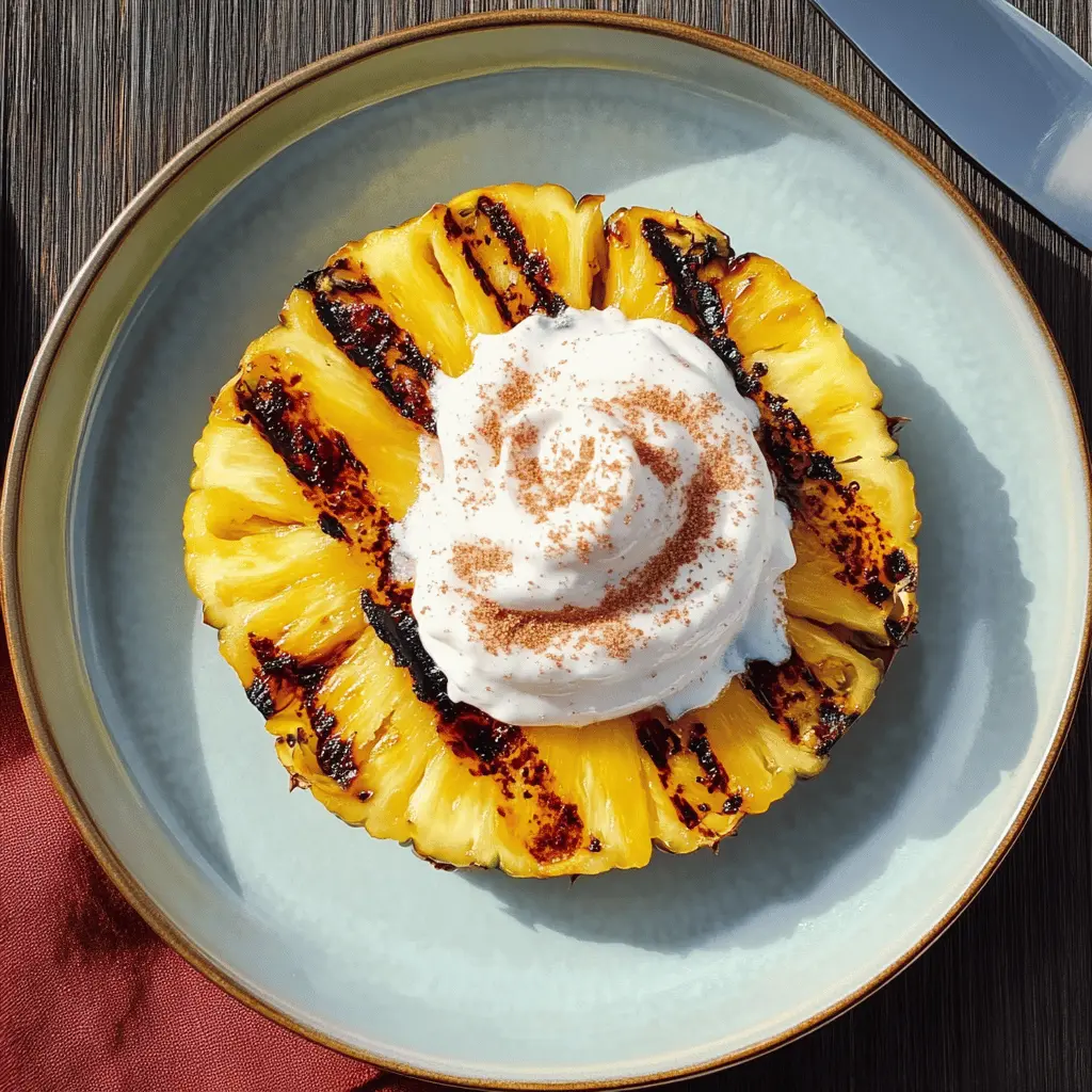 Treat yourself to a tropical delight with this Grilled Pineapple topped with Coconut Cinnamon Whipped Cream! The sweet, caramelized pineapple pairs perfectly with the creamy coconut and warm cinnamon flavors. Ideal for summer barbecues or a refreshing dessert any time of year. Save this recipe for your next gathering or a cozy night in!
