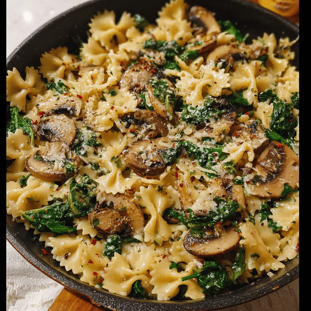 Easy Cheesy Parmesan Spinach Mushroom Pasta Skillet