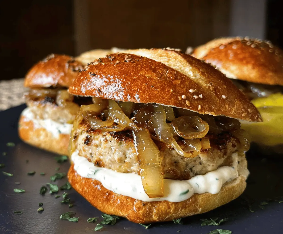 Easy Turkey Burgers with Sweet Caramelized Onions and Creamy Aioli