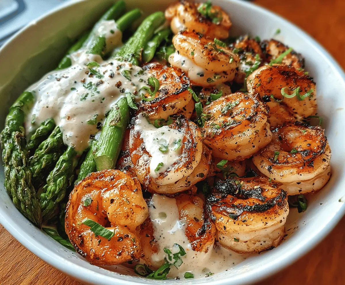 Healthy Grilled Shrimp Bowl With Asparagus And Creamy Garlic Sauce