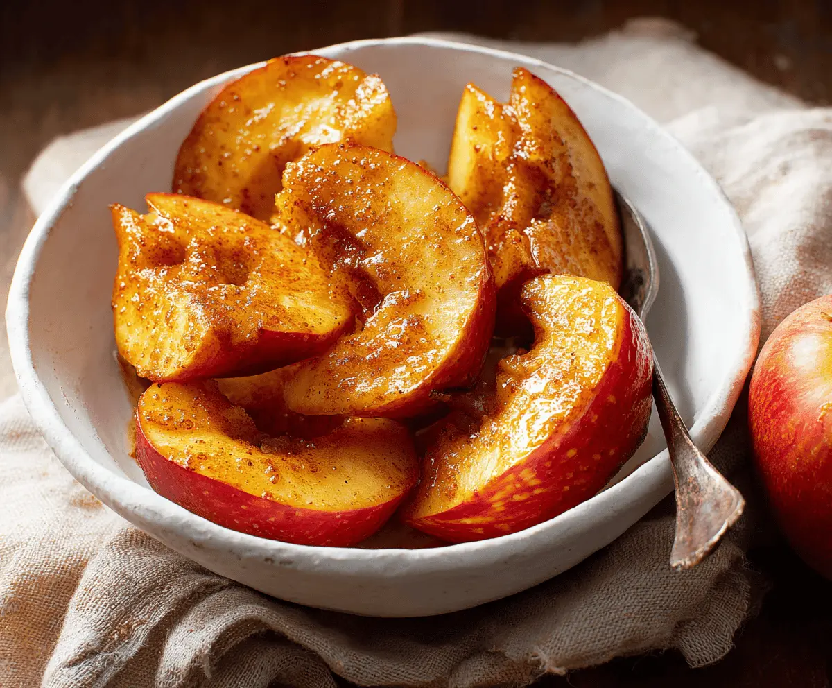 Golden crispy air fryer apples topped with cinnamon and sugar, served as a healthy, delicious snack or dessert.