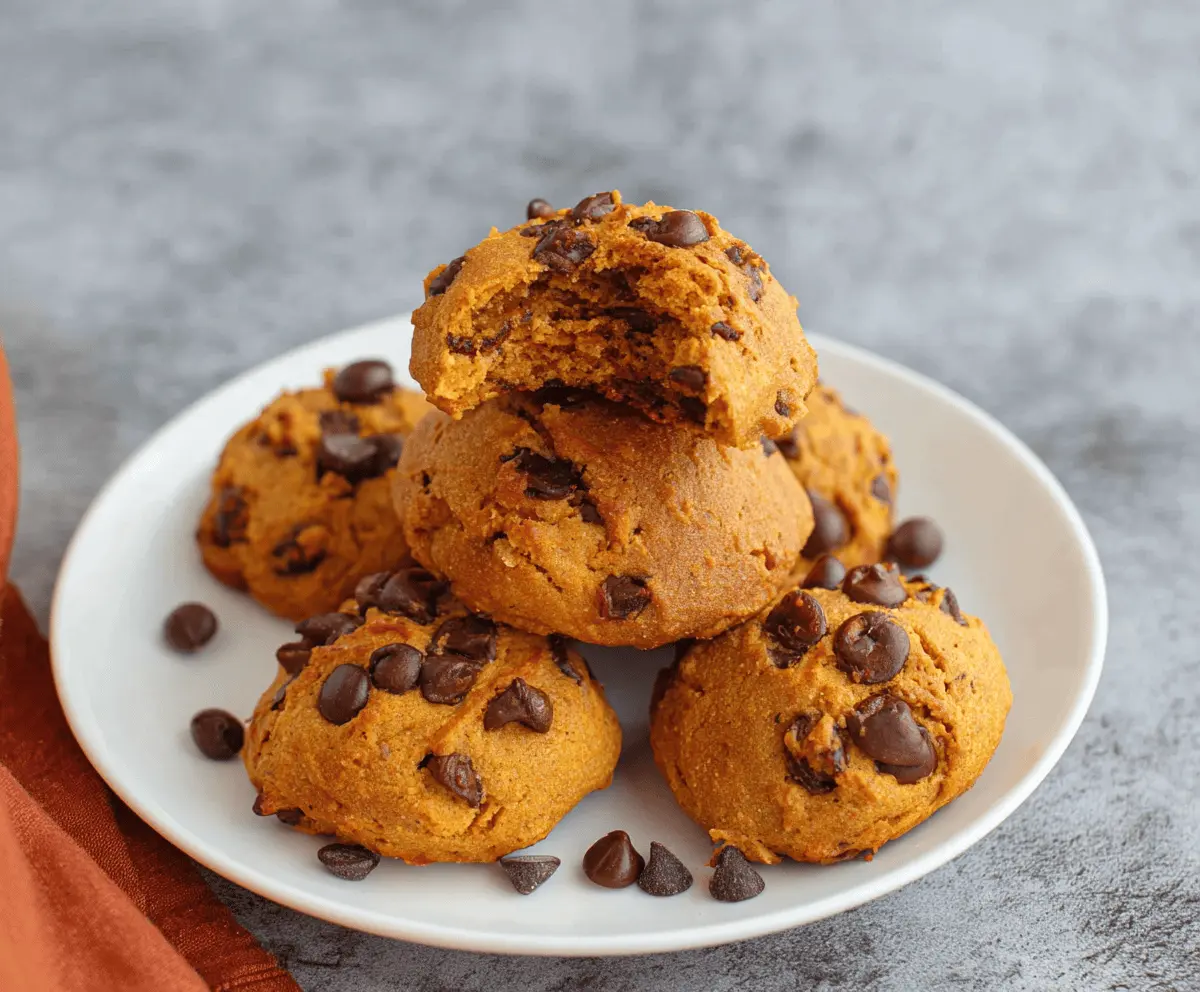 Delicious homemade air fryer pumpkin cookies topped with chocolate chips on a white plate, perfect for fall desserts.