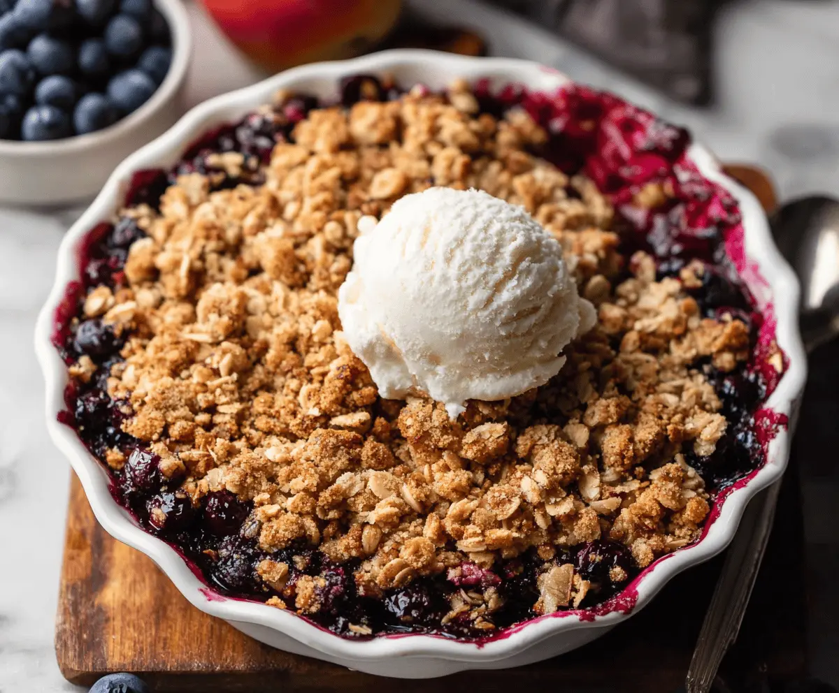 Delicious homemade apple blueberry crisp topped with golden brown oats and served with vanilla ice cream, perfect for dessert.