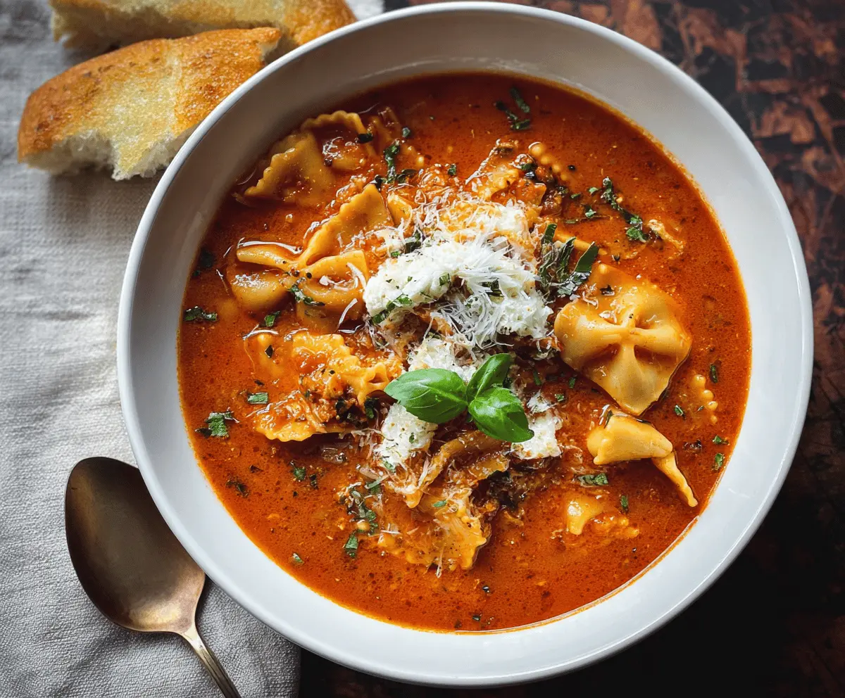 Spicy Arrabbiata Lasagna Soup with melted cheese, fresh basil, and bubbling tomato sauce in a bowl
