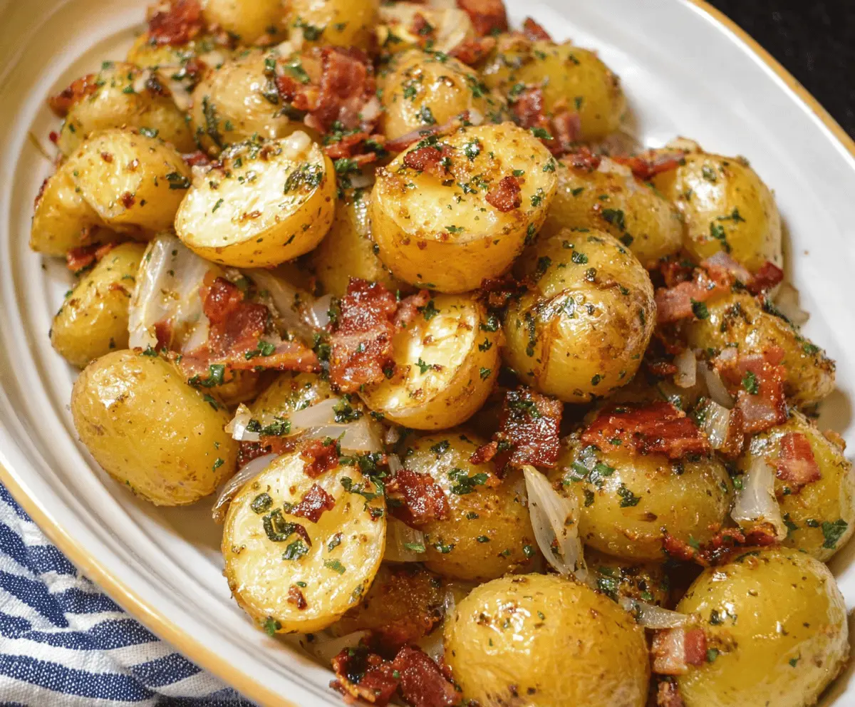 Golden baby potatoes with caramelized onions and crispy bacon served on a plate, fresh herbs garnished, delicious side dish or appetizer.