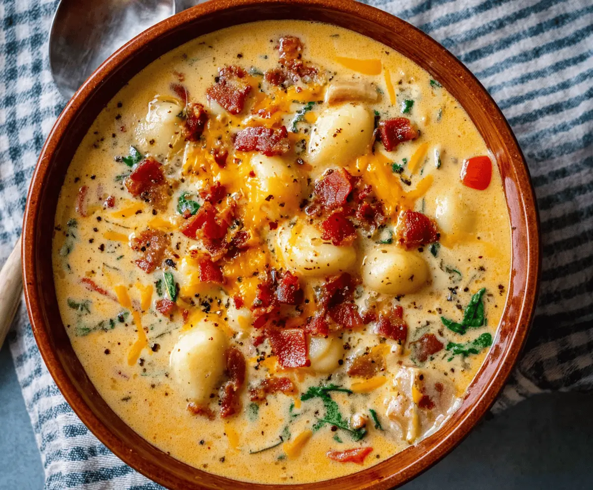 Creamy Bacon Cheddar Gnocchi Soup in a bowl with crispy bacon, melted cheddar cheese, and tender gnocchi, garnished with fresh herbs.