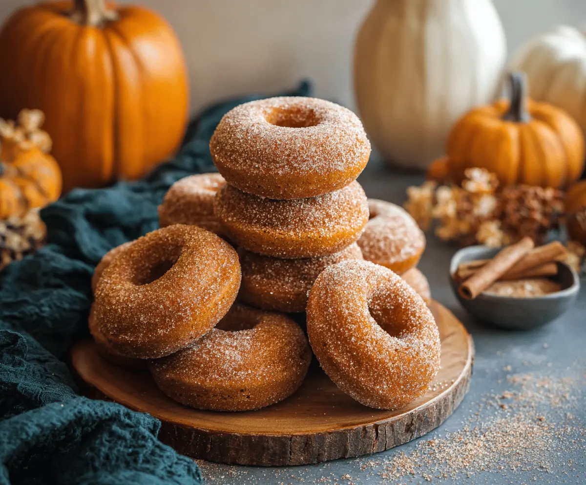 Delicious baked pumpkin spice donuts topped with cinnamon and sugar, perfect for fall treats and seasonal baking.