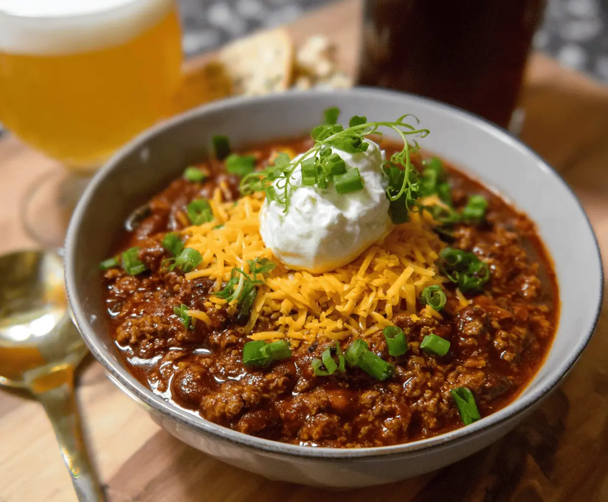 Hearty bowl of beer chili topped with shredded cheese and fresh herbs, served in a rustic bowl with a spoon, perfect for a cozy meal