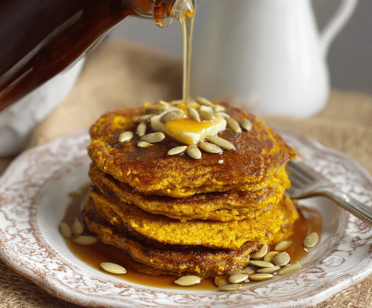 Fluffy blender pumpkin pancakes topped with maple syrup and fresh berries on a white plate