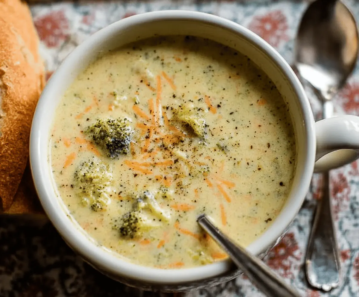 Creamy broccoli cheese soup served in a bowl with fresh broccoli florets and melted cheese topping, perfect for a comforting meal.