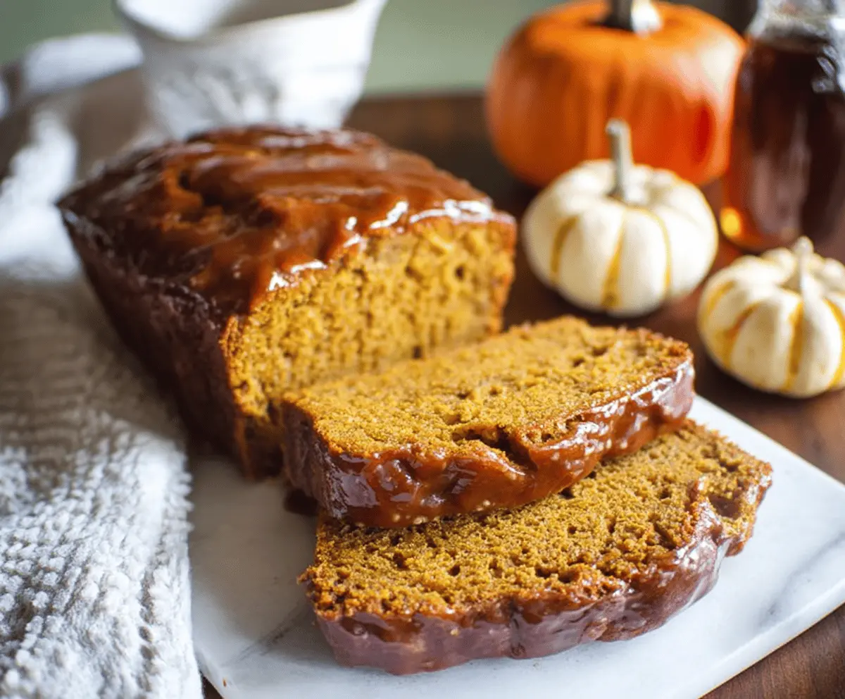 Slice of moist pumpkin bread topped with brown butter maple glaze, garnished with walnuts and a drizzle of maple syrup on a rustic wooden table