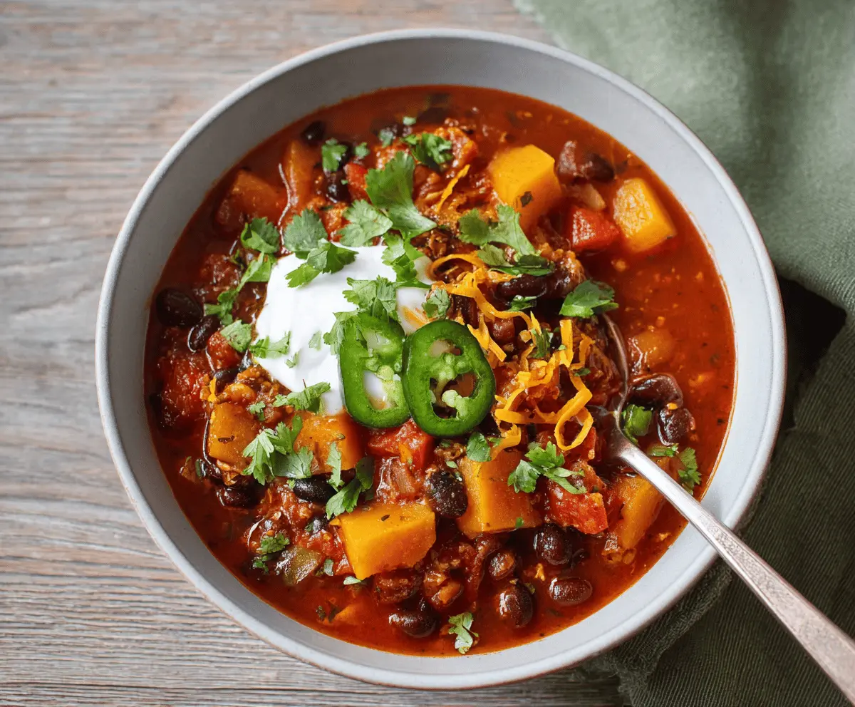 A bowl of hearty butternut squash chili garnished with fresh herbs, featuring chunks of squash, beans, and spices in a flavorful, comforting dish.