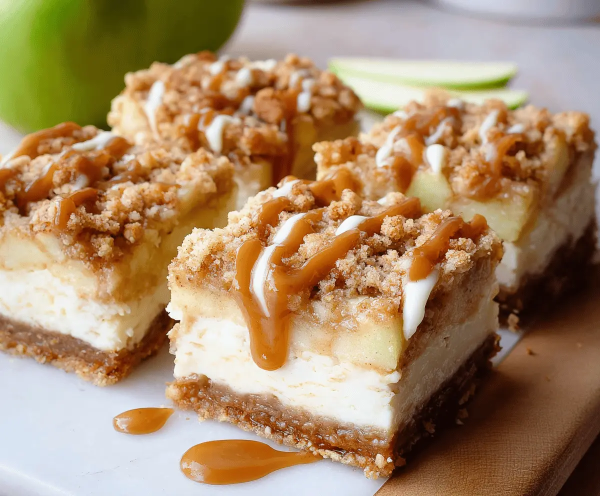 Delicious caramel apple cheesecake bars topped with caramel drizzle and chopped nuts on a rustic wooden table