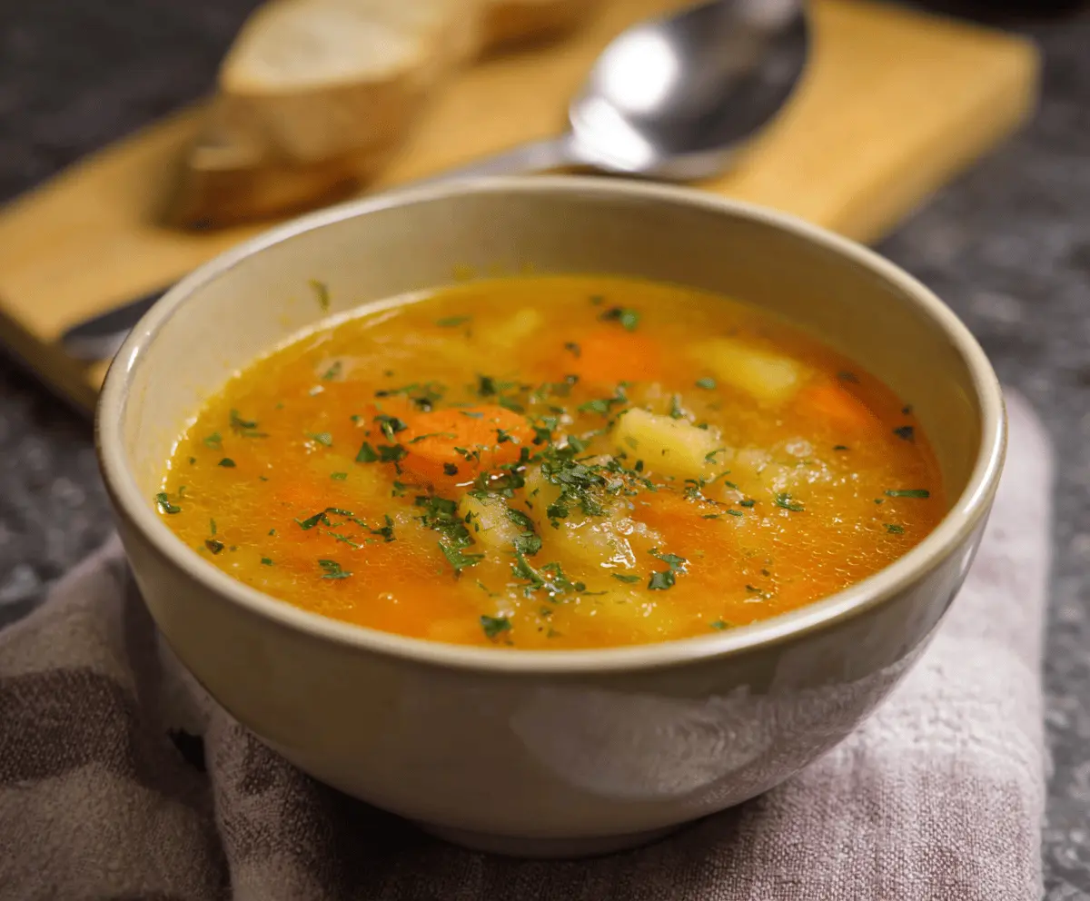 Creamy carrot and potato soup served in a bowl, garnished with fresh herbs and a drizzle of cream, perfect for a warm, comforting meal.
