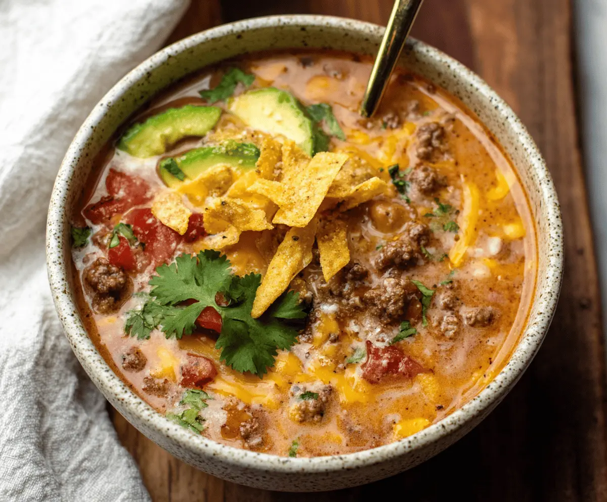 Creamy cheesy ground beef taco soup topped with shredded cheese and fresh herbs in a bowl, perfect for a flavorful and hearty meal.