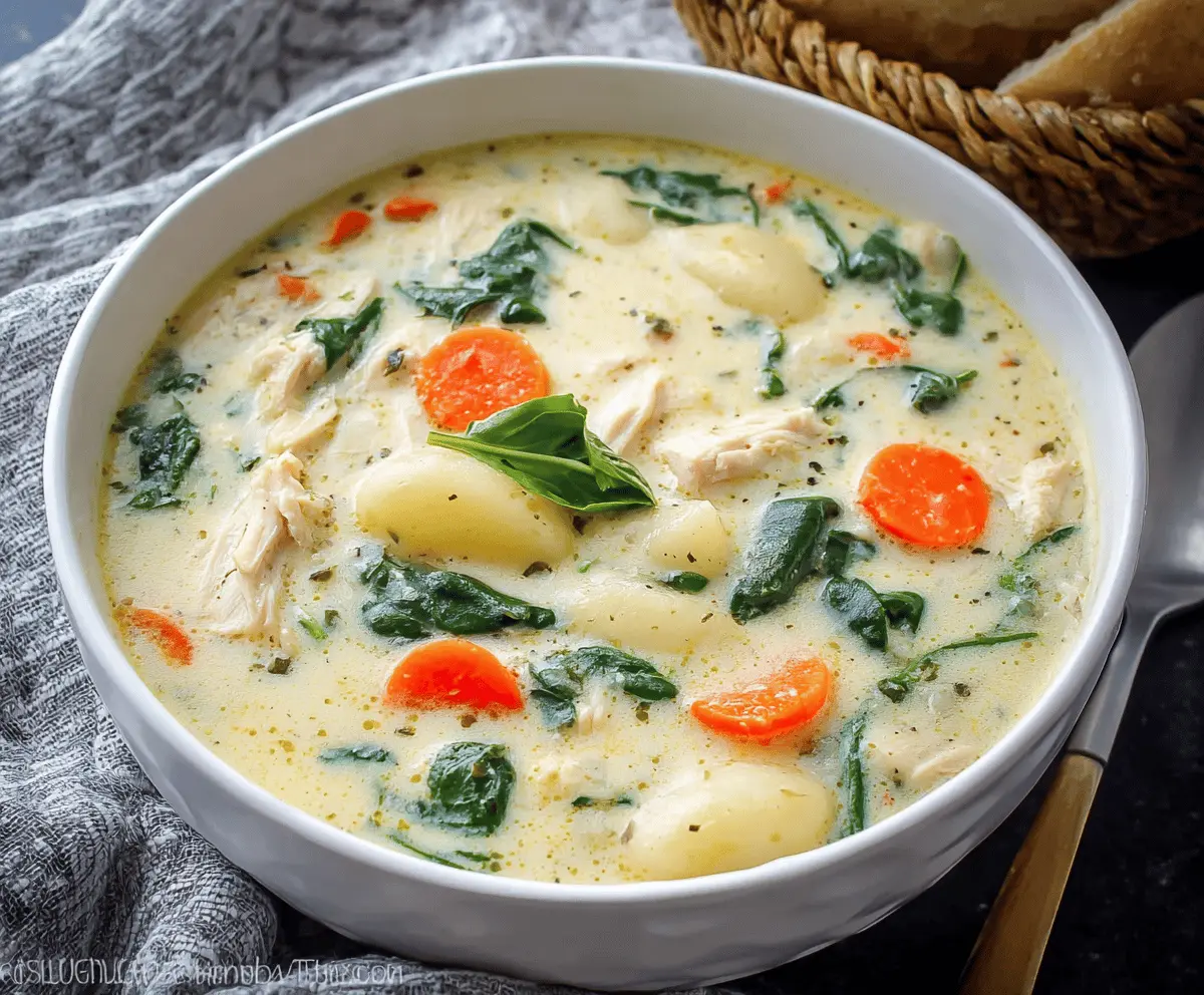 Creamy chicken gnocchi soup with tender chicken pieces, soft gnocchi, spinach, and herbs in a savory broth, served in a bowl