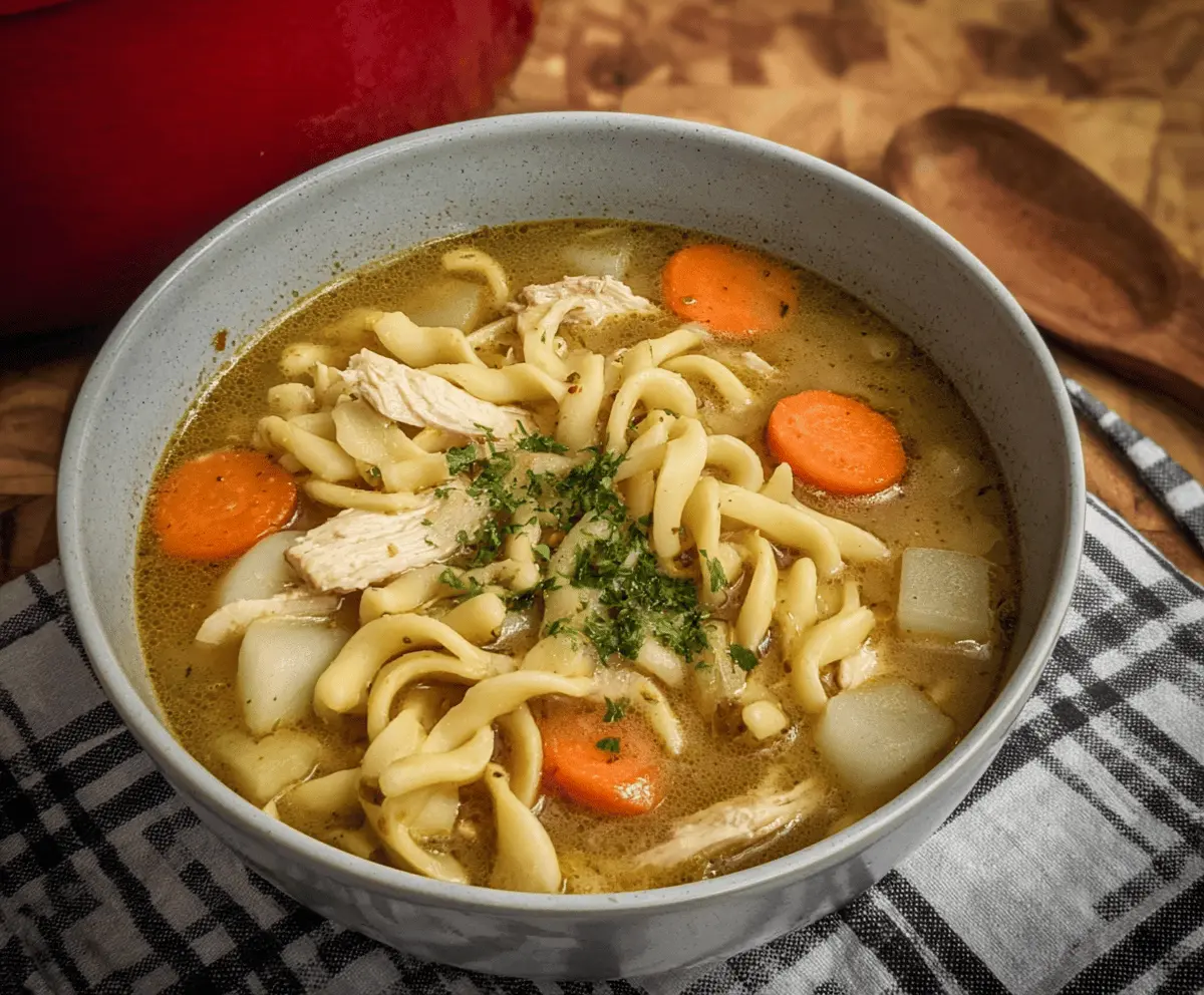 Delicious homemade chicken noodle soup with tender chicken, egg noodles, and fresh vegetables in a warm broth