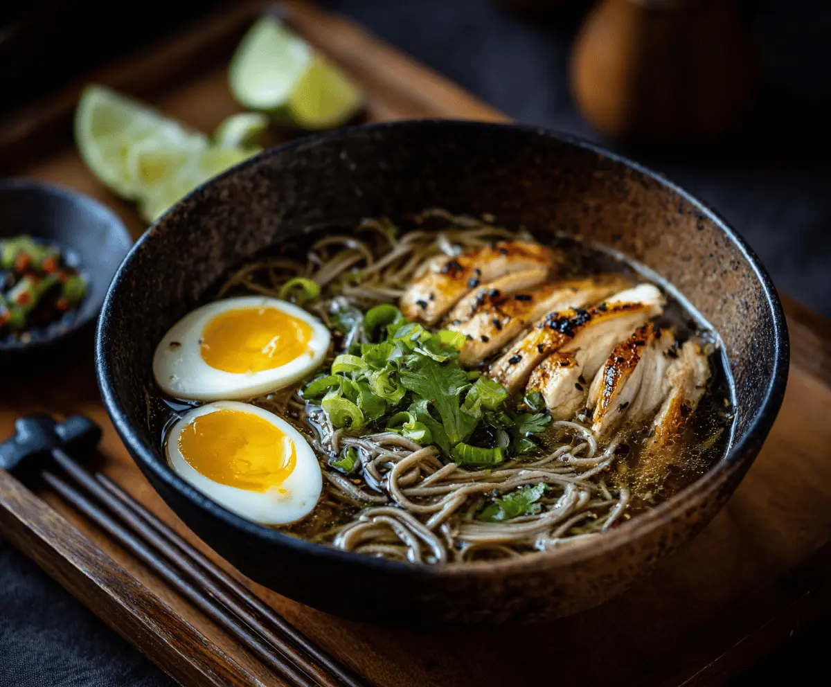 Warm bowl of Chicken Soba Noodle Soup with tender chicken, soba noodles, fresh vegetables, and herbs, perfect for a comforting and healthy meal
