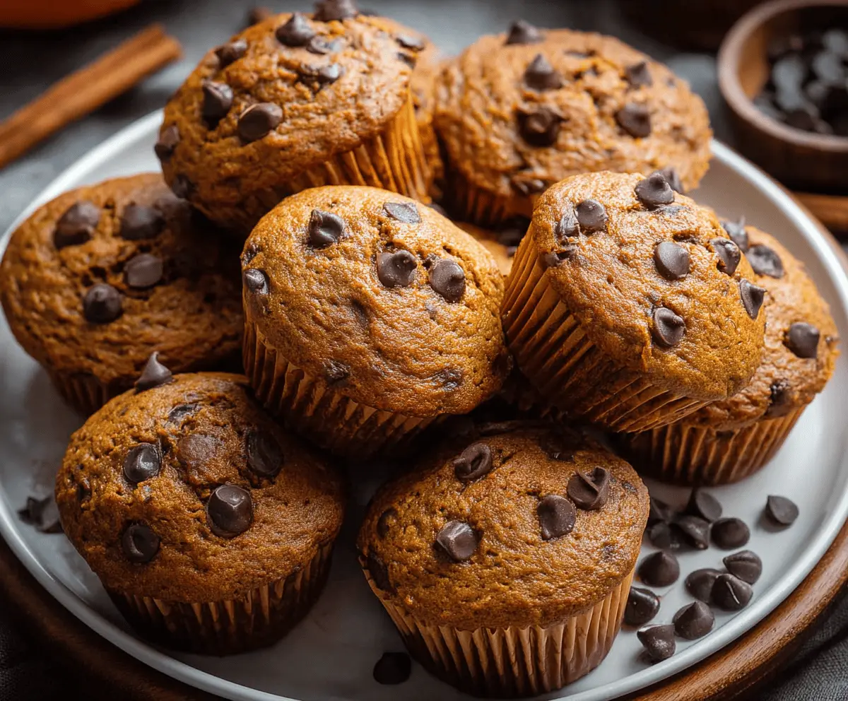 Delicious homemade chocolate chip pumpkin muffins with a golden-brown top and gooey chocolate chips, perfect for fall baking