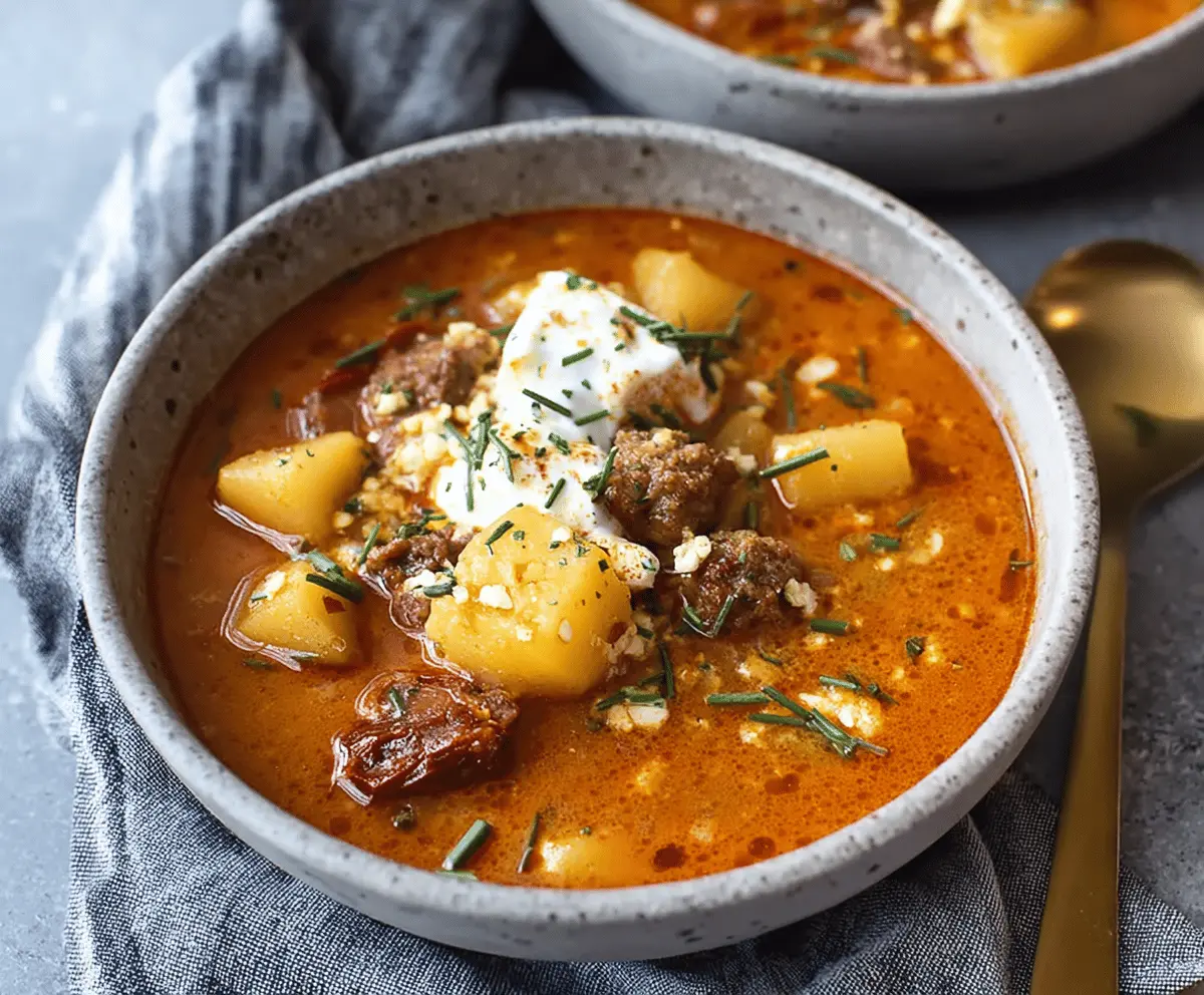 Creamy chorizo and potato soup served in a bowl, garnished with fresh herbs and accompanied by crusty bread