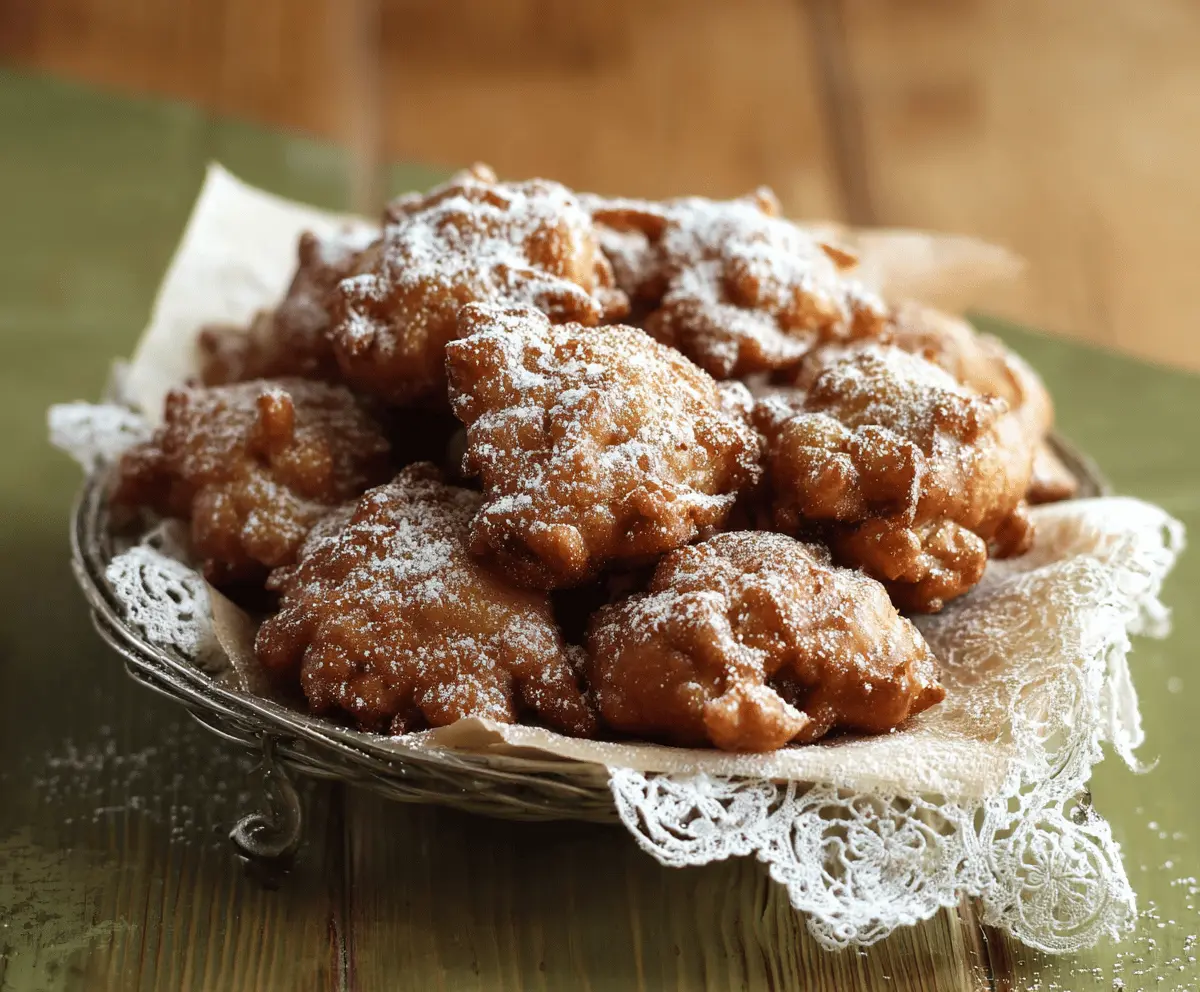 Golden cinnamon apple fritters topped with powdered sugar, perfect for a sweet treat or breakfast indulgence.