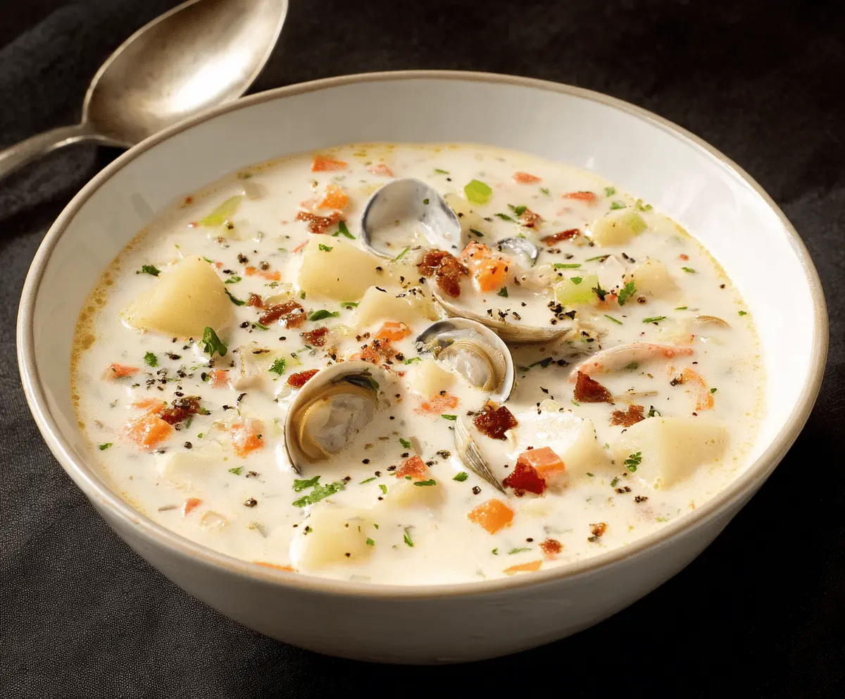 Creamy clam chowder served in a bowl topped with fresh herbs and crispy bacon, featuring chunks of clams and vegetables in a comforting soup.