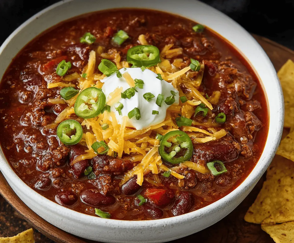 A steaming bowl of classic chili topped with shredded cheese and chopped green onions, served with cornbread on the side.