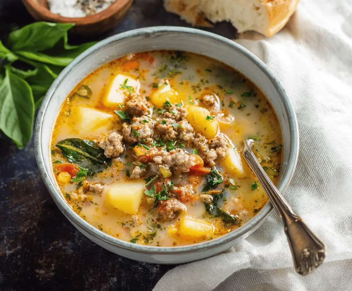 A steaming bowl of Cozy Italian Sausage and Potato Soup topped with fresh herbs, showcasing chunks of sausage, tender potatoes, and creamy broth for a hearty, comforting meal.