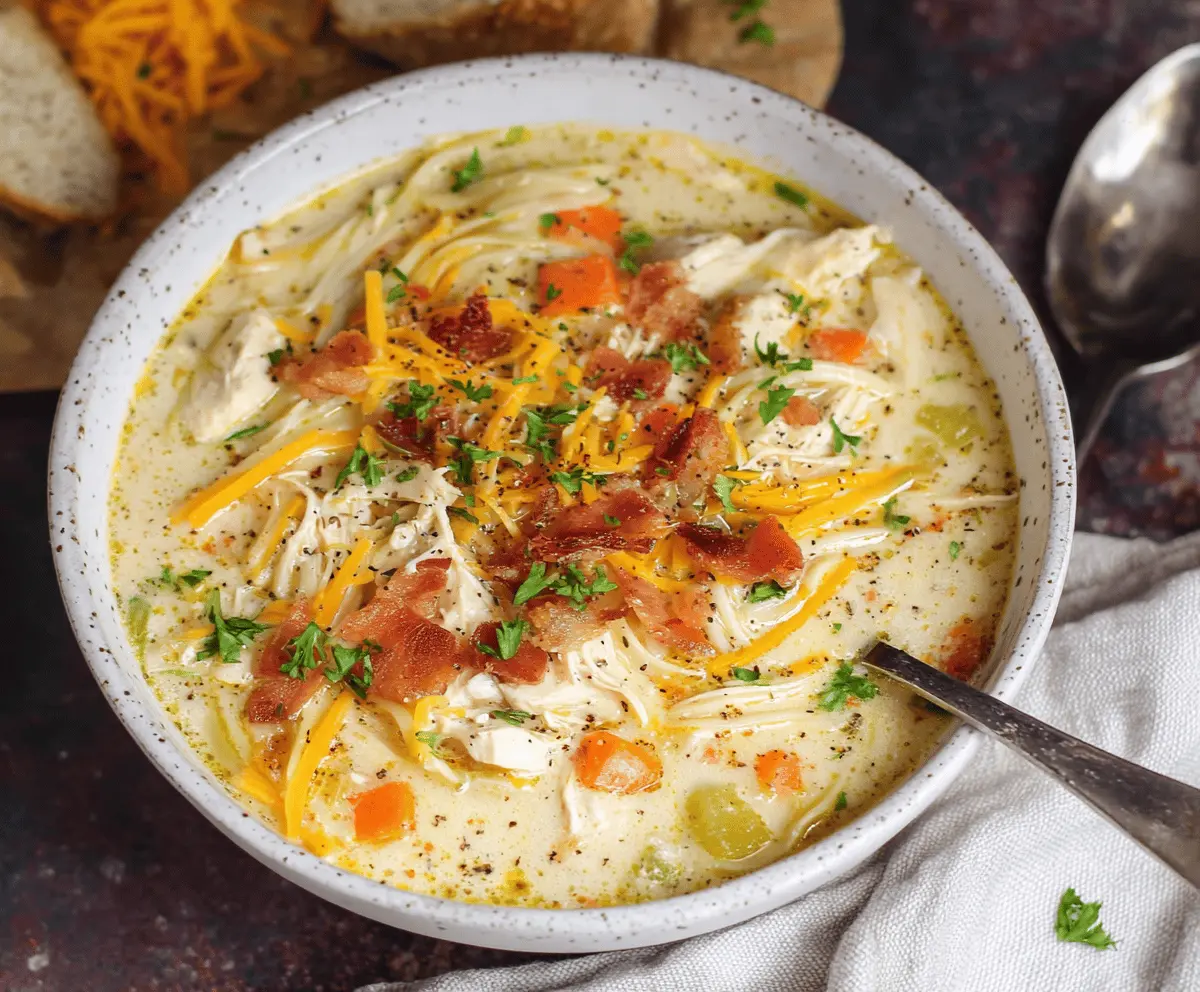 A bowl of Crack Chicken Noodle Soup garnished with fresh herbs, showcasing tender chicken, noodles, and vegetables in a flavorful broth.
