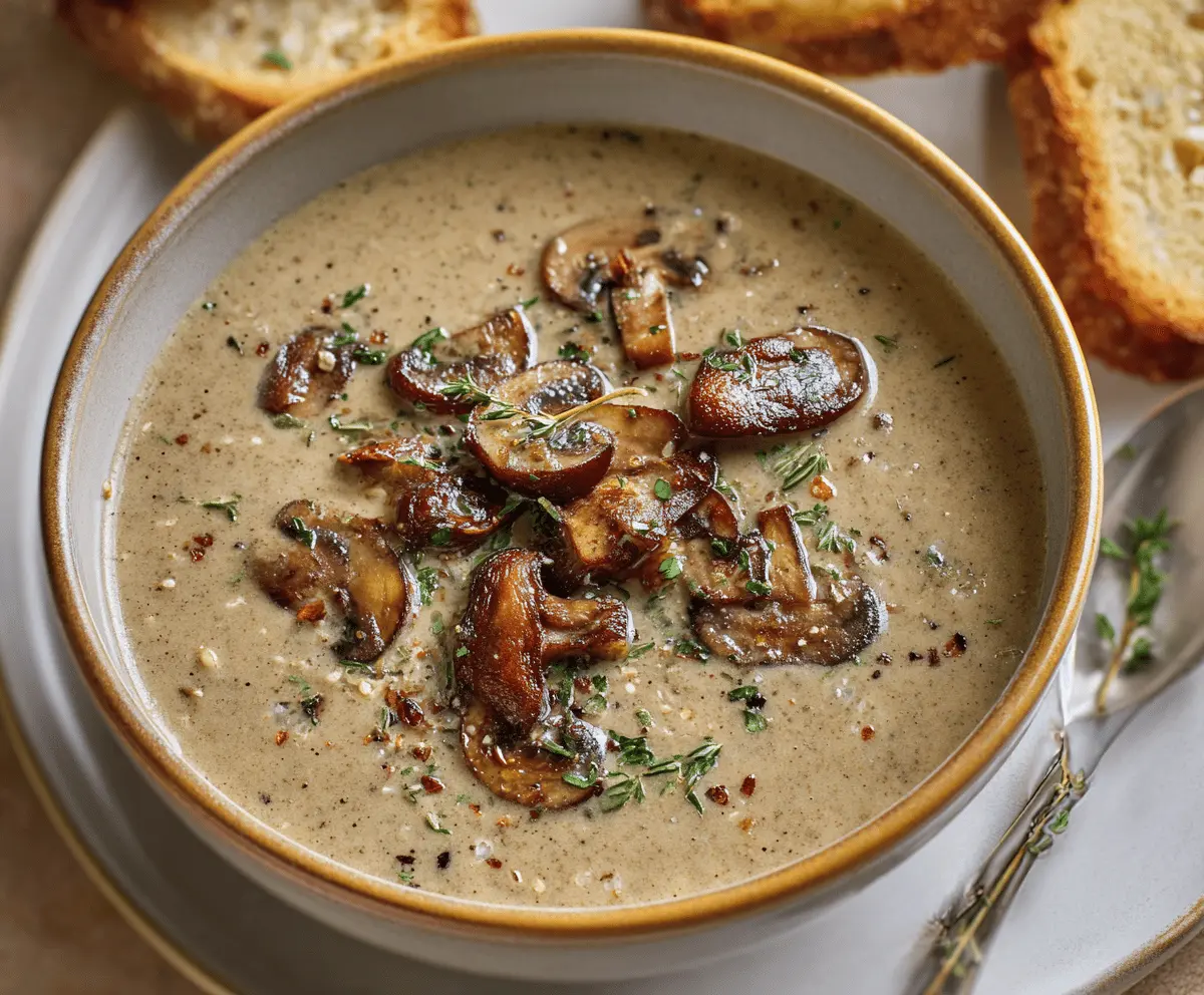 Cream of mushroom soup served in a bowl with fresh herbs, showcasing a creamy, savory, and comforting dish perfect for cozy meals.