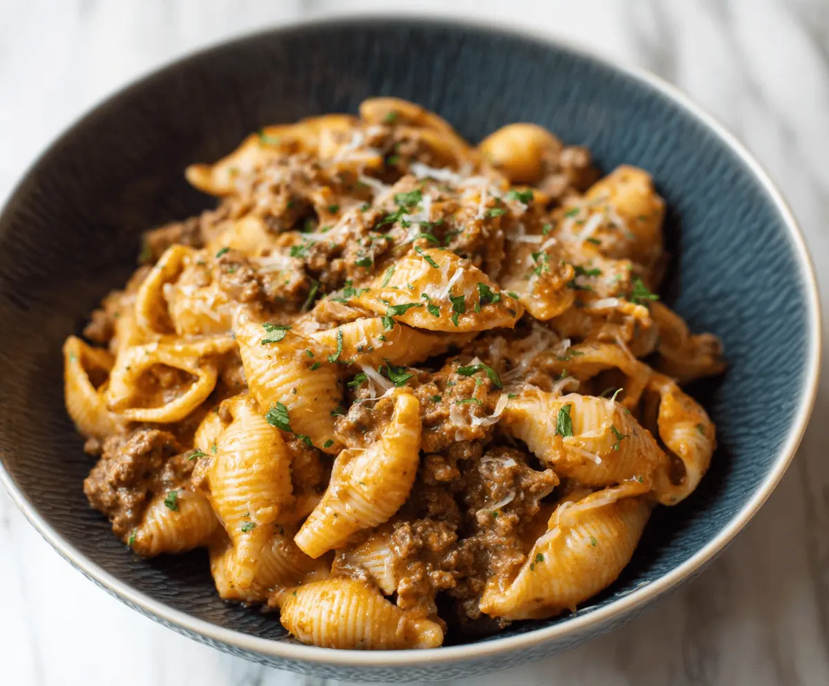 Creamy beef and pasta shells casserole topped with melted cheese and fresh herbs, served on a white plate.