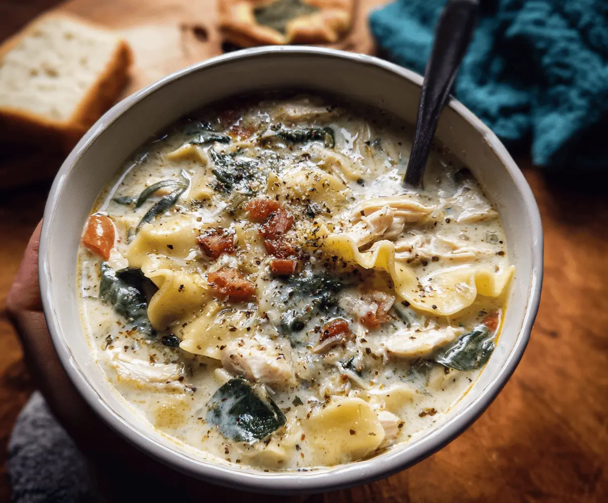 Creamy Chicken Lasagna Soup in a bowl topped with cheese, herbs, and shredded chicken, garnished with fresh basil, served with bread on a rustic wooden table.