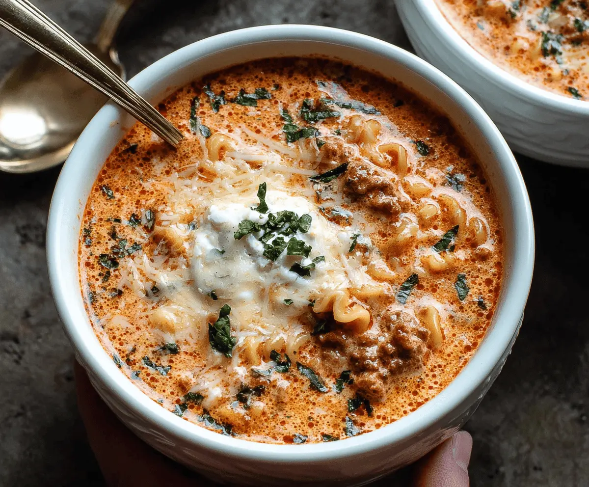 Creamy Instant Pot Lasagna Soup in a bowl topped with melted cheese and fresh herbs, ready to serve