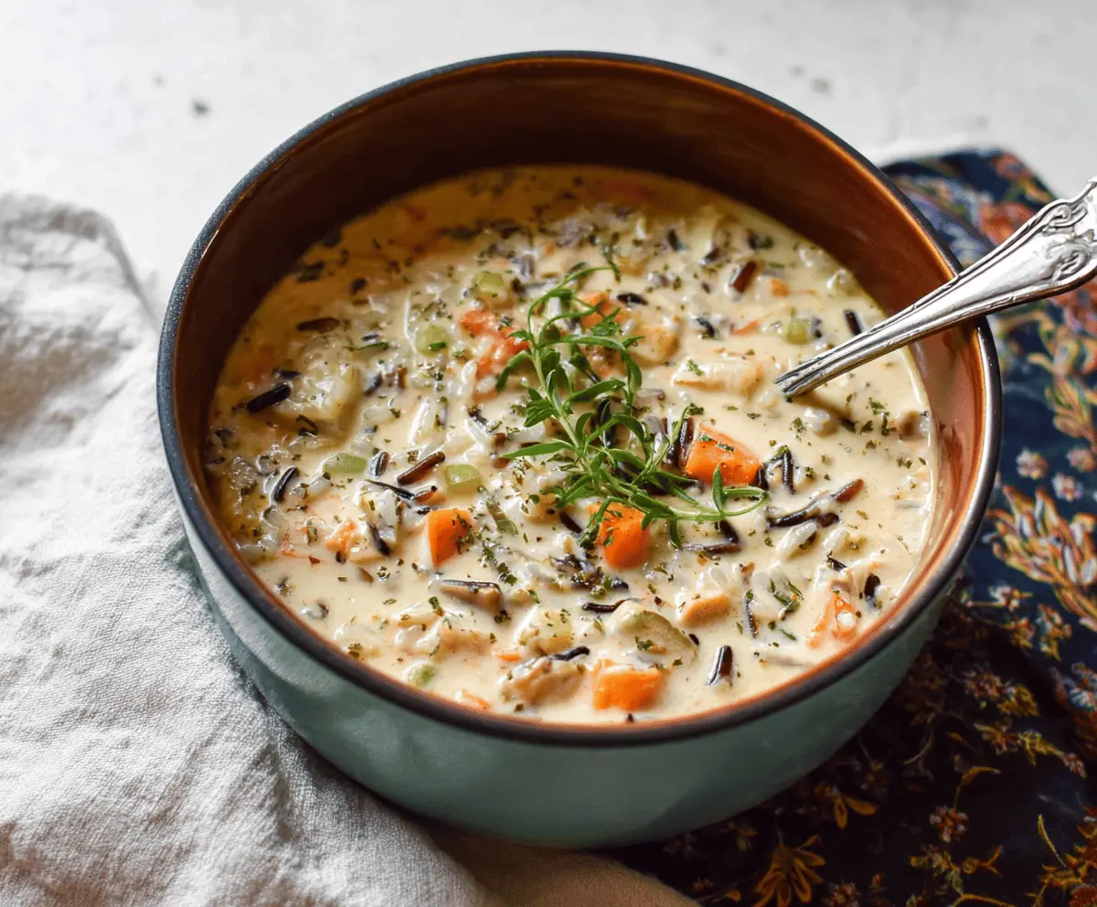 Creamy wild rice soup in a bowl with fresh herbs, featuring tender rice and vegetables in a rich, savory broth
