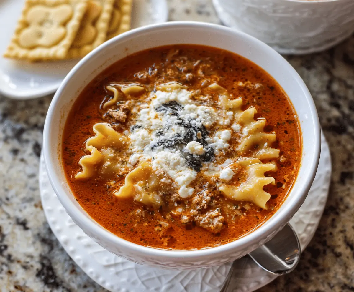 Creamy Crockpot Cheesy Ricotta Lasagna Soup in a bowl topped with melted cheese and fresh herbs, perfect for a comforting, hearty meal.