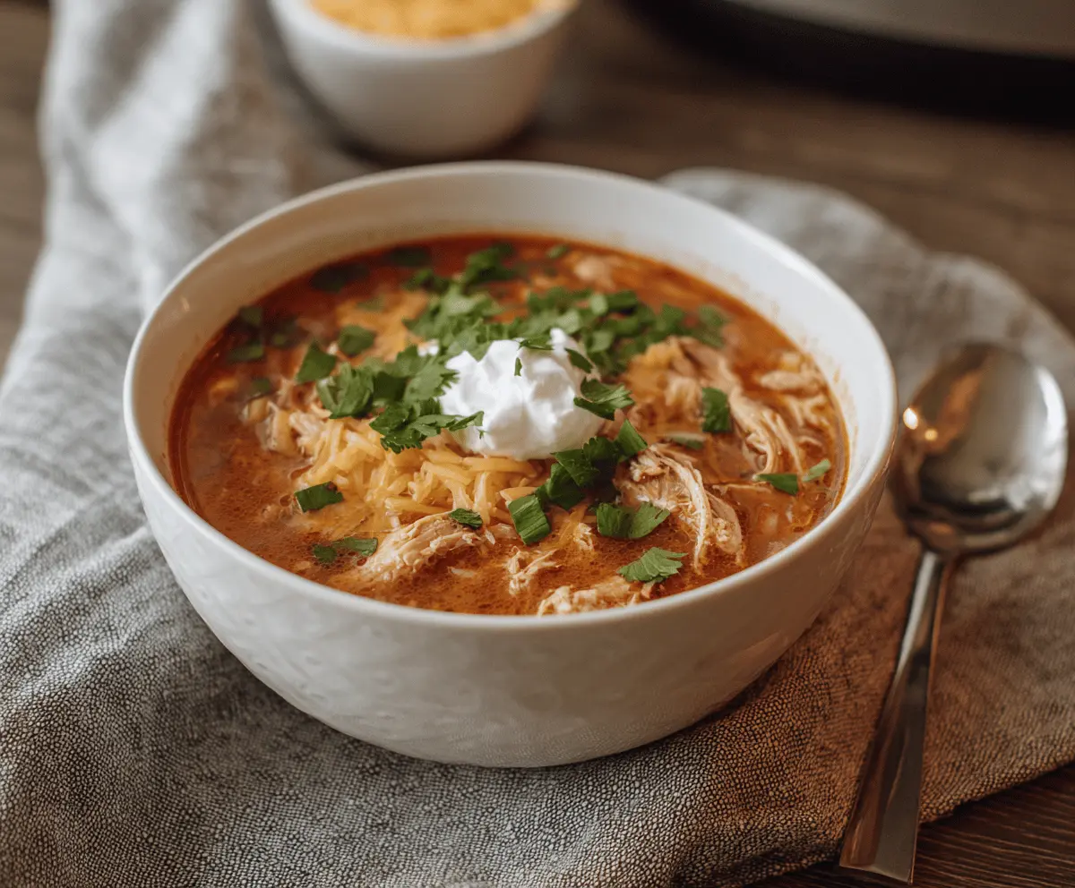 Delicious Crockpot Keto Chicken Taco Soup with shredded chicken, diced tomatoes, cheese, and fresh cilantro in a hearty slow cooker soup