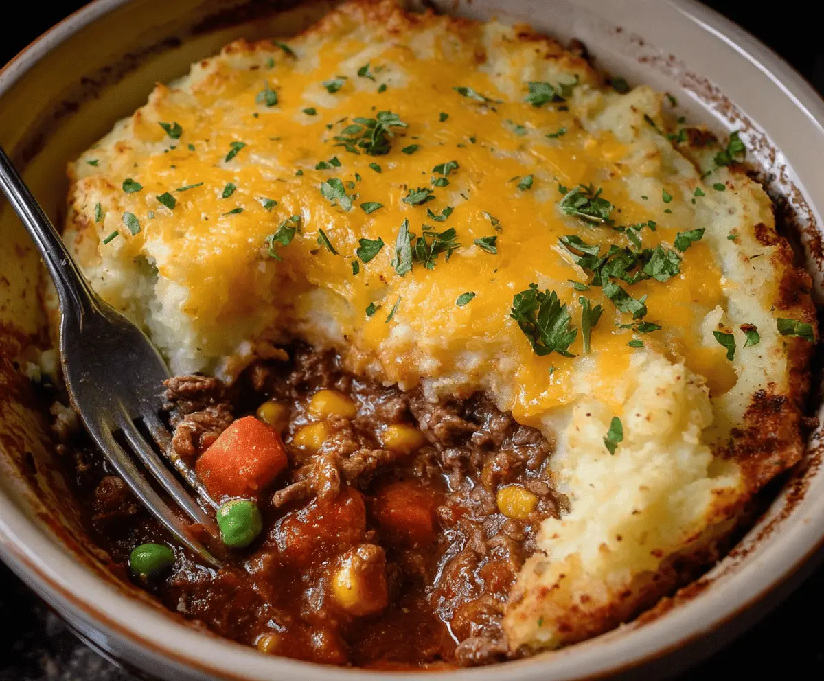 Delicious homemade Crockpot Shepherd’s Pie topped with golden mashed potatoes and savory ground meat, served in a rustic crockpot