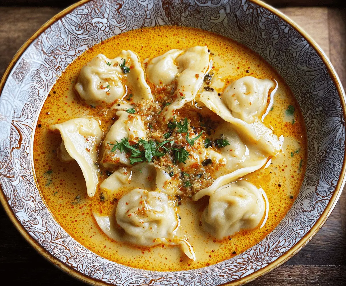 A steaming bowl of Curry Dumpling Soup featuring savory dumplings, vibrant vegetables, and fragrant curry broth, served in a white ceramic bowl on a wooden table.