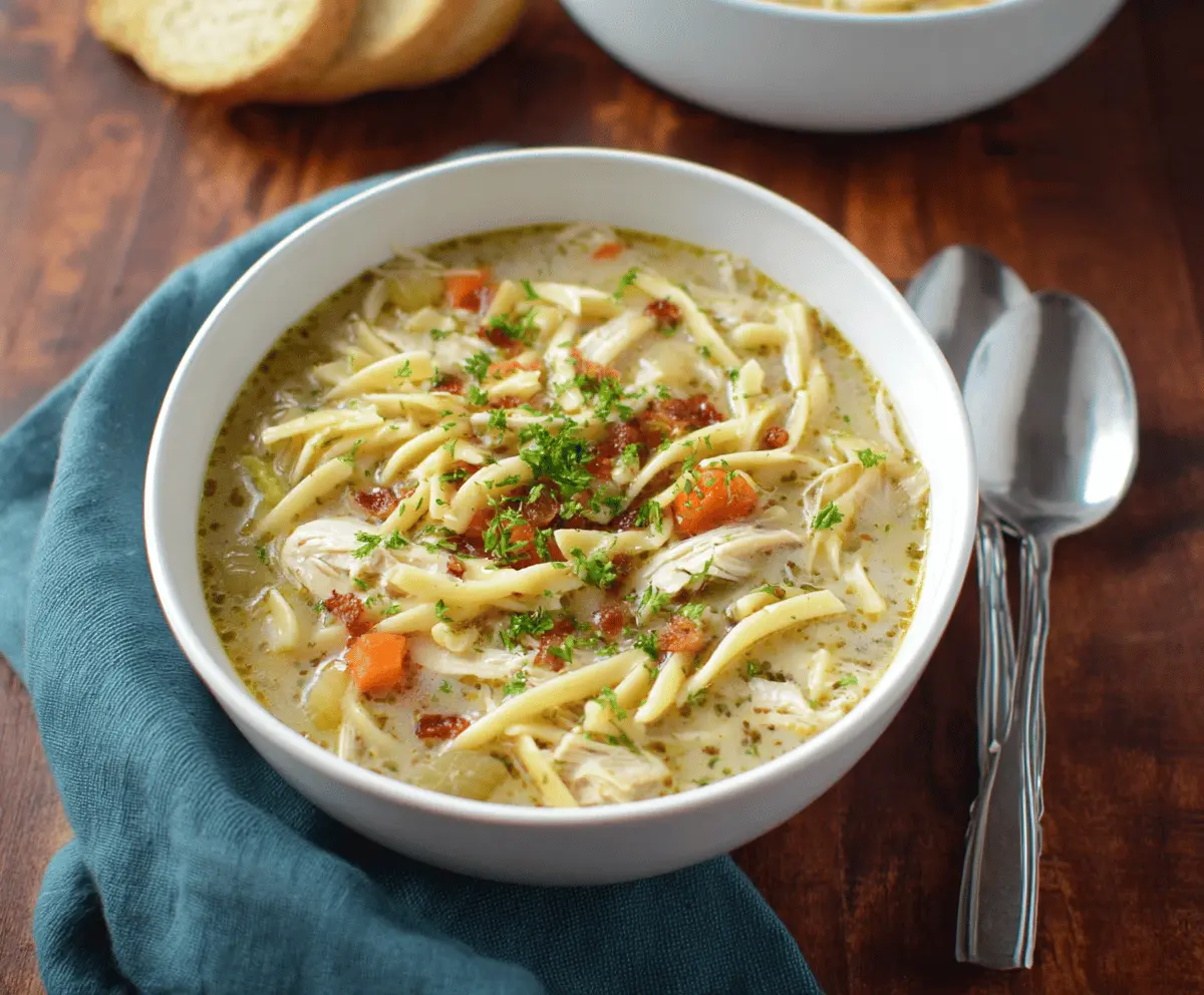 Creamy dairy-free chicken noodle soup with tender chicken, vegetables, and noodles in a comforting broth