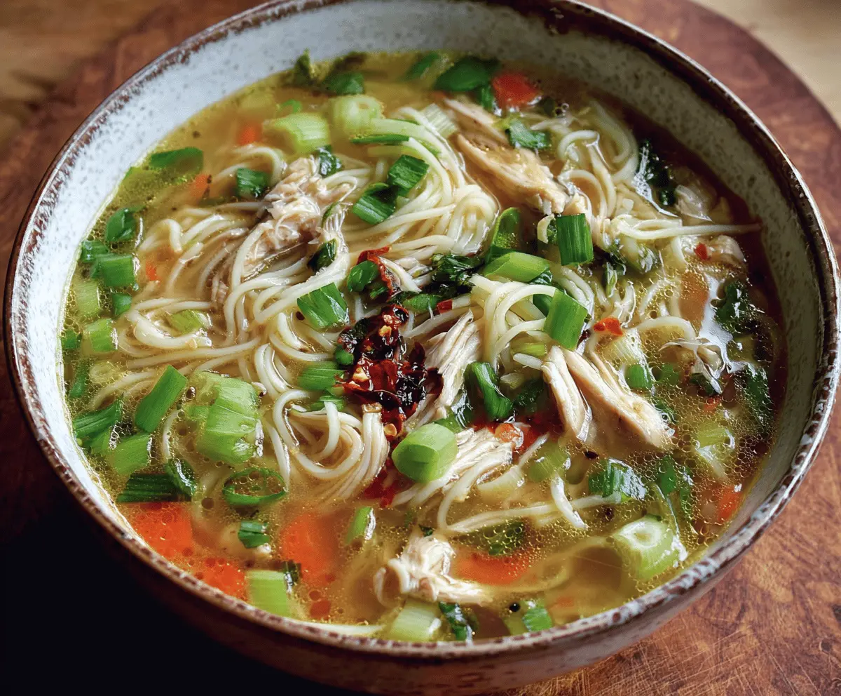 A steaming bowl of Ginger Garlic Chicken Noodle Soup garnished with fresh herbs, showcasing tender chicken, noodles, and aromatic ginger and garlic in a flavorful broth.