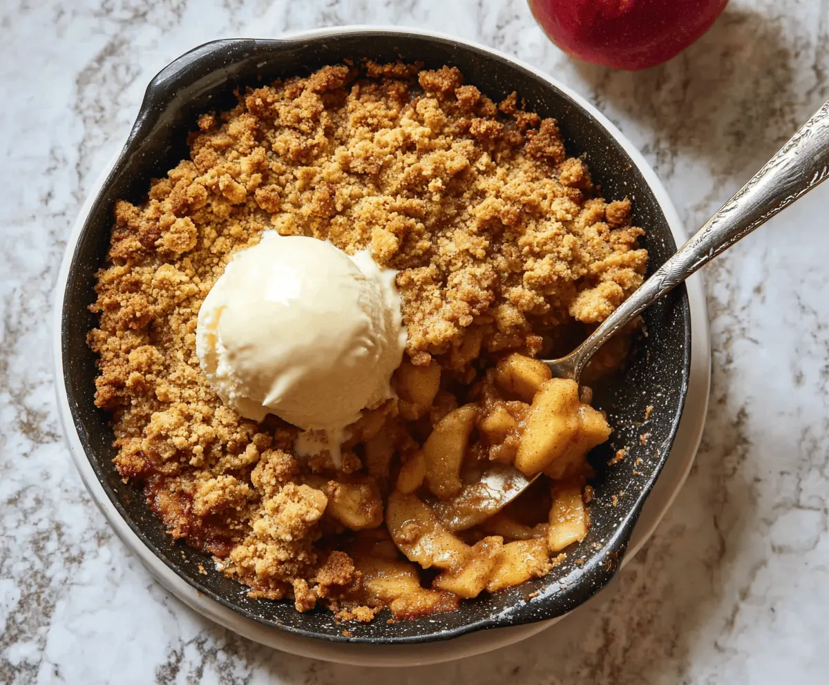 Delicious gluten-free apple crisp topped with golden, crunchy oat streusel, served in a rustic bowl with fresh apple slices on the side.