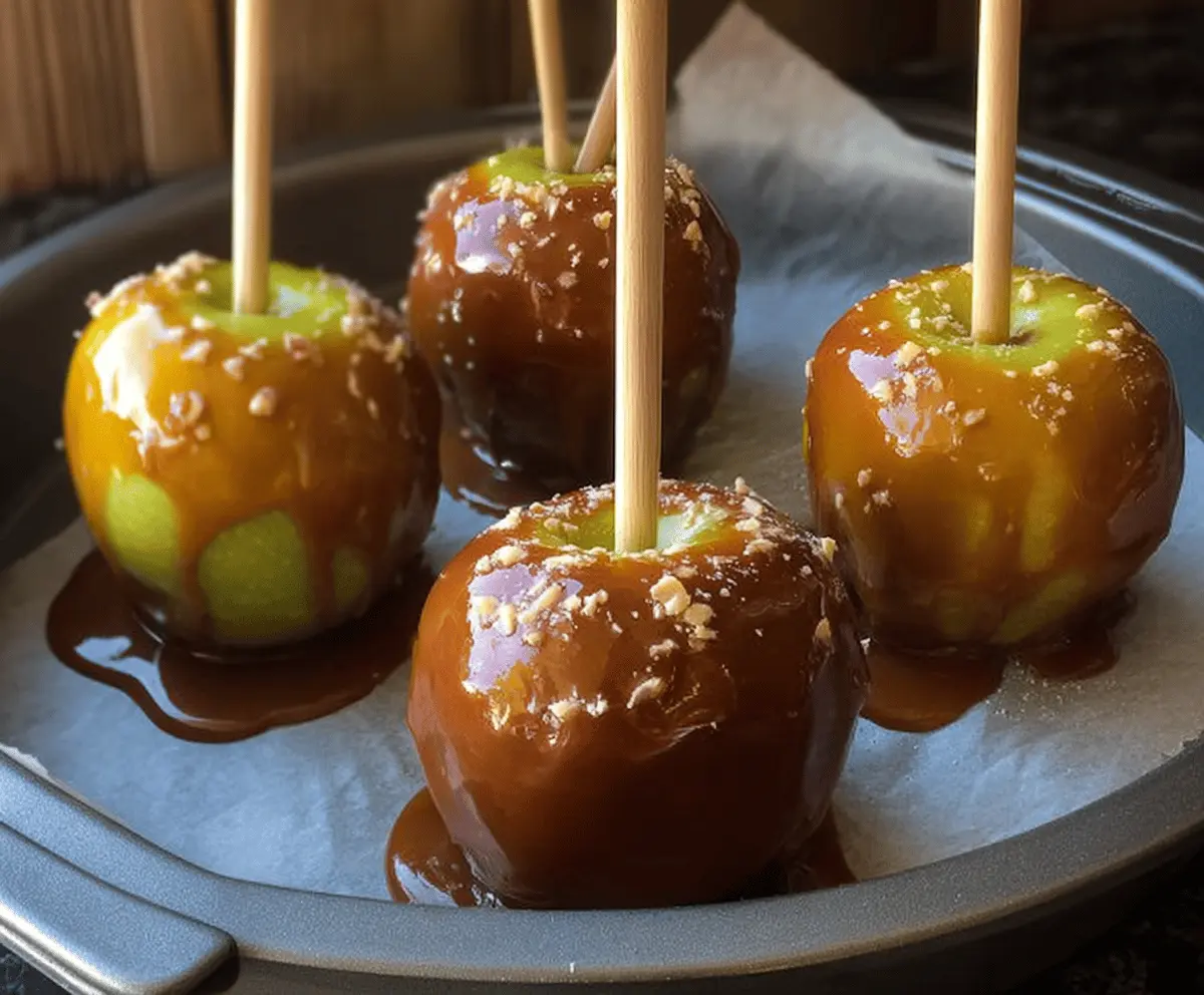 Delicious homemade gluten-free caramel apples with shiny caramel coating and fresh apple slices, perfect for a sweet treat or holiday dessert
