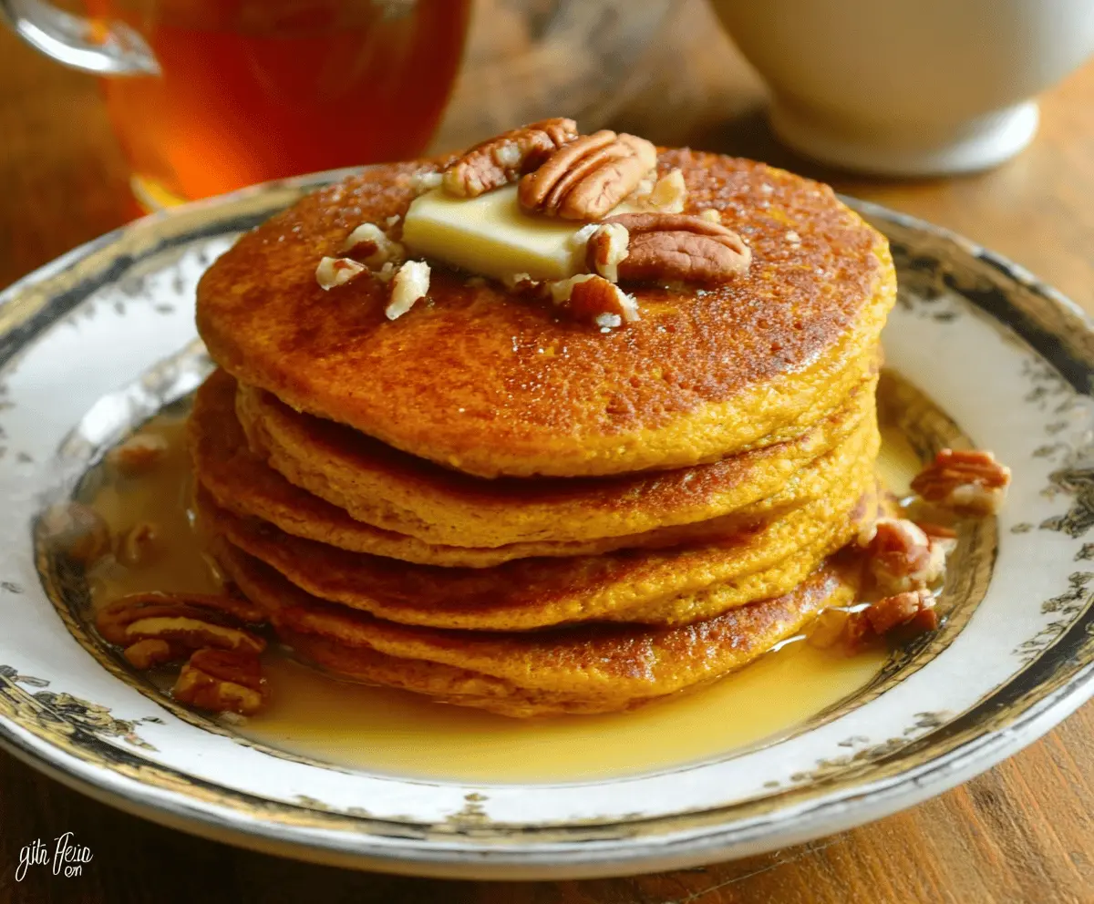 Delicious gluten-free pumpkin pancakes topped with maple syrup and fresh cinnamon, served on a plate with a fork and a sprinkle of cinnamon, perfect for a cozy breakfast.