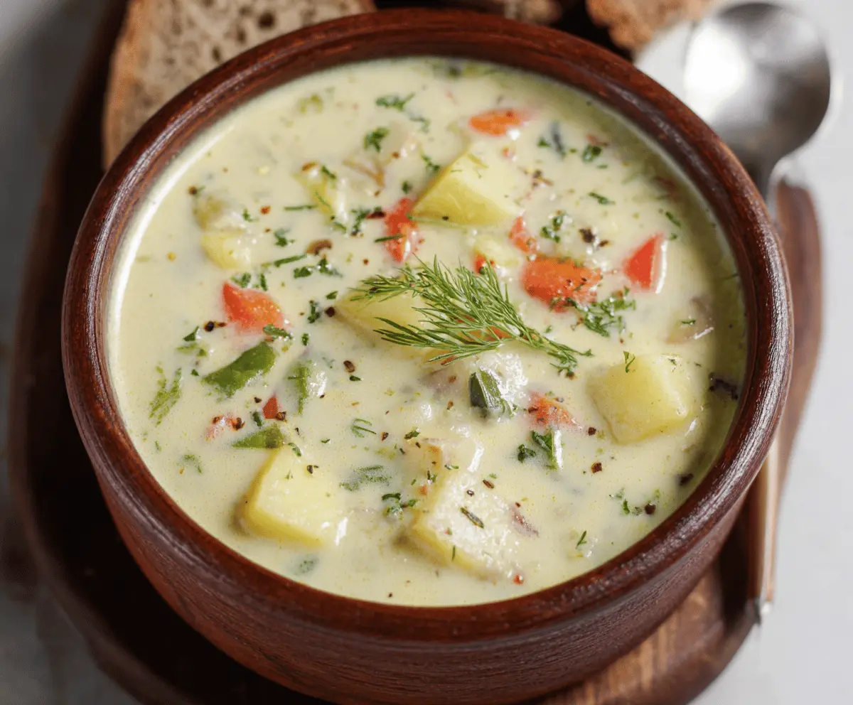 Creamy healthy potato soup served in a bowl with fresh herbs and a slice of crusty bread on the side