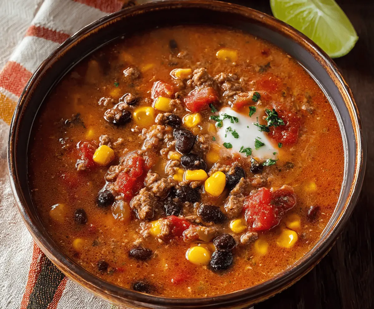 Delicious high-protein taco soup with seasoned ground beef, beans, corn, and fresh toppings in a bowl