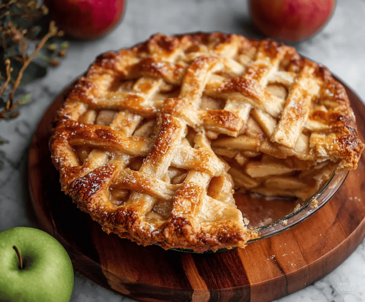 Delicious homemade apple pie with flaky golden crust and sliced fresh apples, ready to serve.