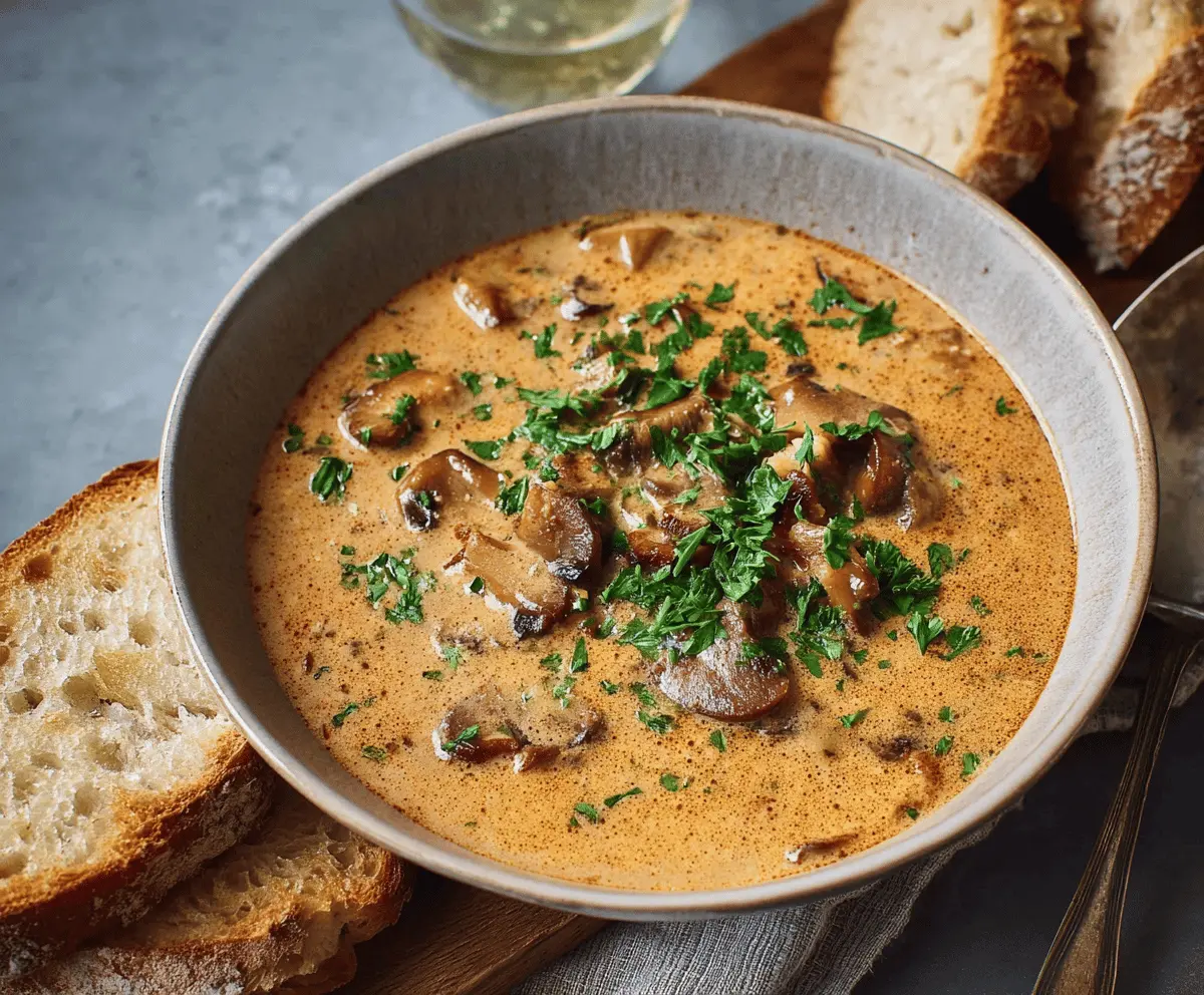 Creamy Hungarian Mushroom Soup in a bowl garnished with fresh herbs, featuring sliced mushrooms and a rich broth.
